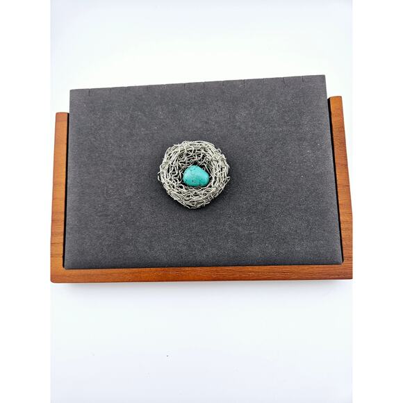 Silver Tone Wire Birds Nest Pendant Turquoise Egg Center Artsy Nature Fairycore - Picture 1 of 2